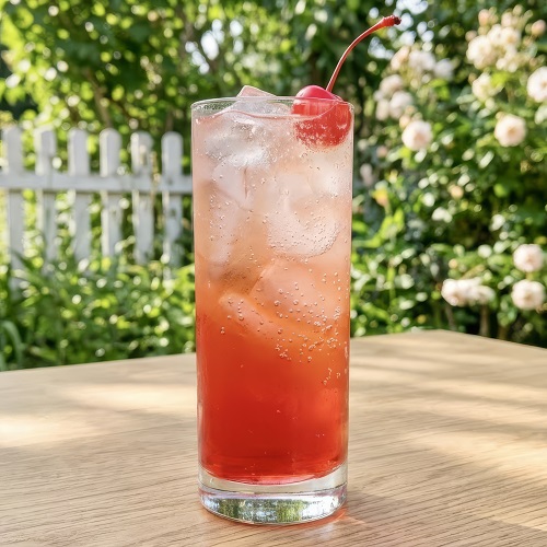 Vibrant Shirley Temple mocktail with grenadine, ginger ale, and cherry in a highball glass.